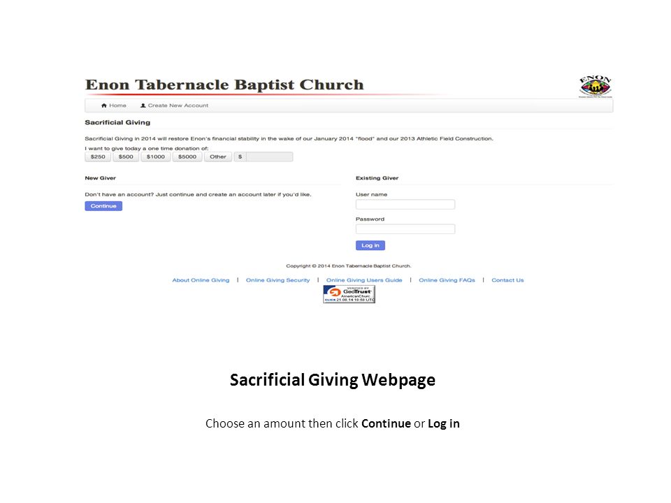 Sacrificial Giving Webpage Choose an amount then click Continue or Log in