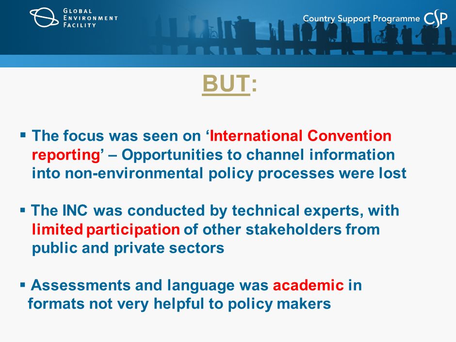 BUT:  The focus was seen on ‘International Convention reporting’ – Opportunities to channel information into non-environmental policy processes were lost  The INC was conducted by technical experts, with limited participation of other stakeholders from public and private sectors  Assessments and language was academic in formats not very helpful to policy makers