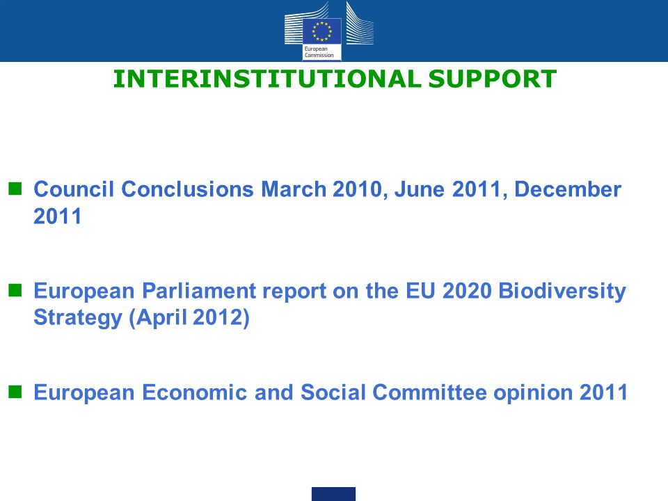 INTERINSTITUTIONAL SUPPORT Council Conclusions March 2010, June 2011, December 2011 European Parliament report on the EU 2020 Biodiversity Strategy (April 2012) European Economic and Social Committee opinion 2011