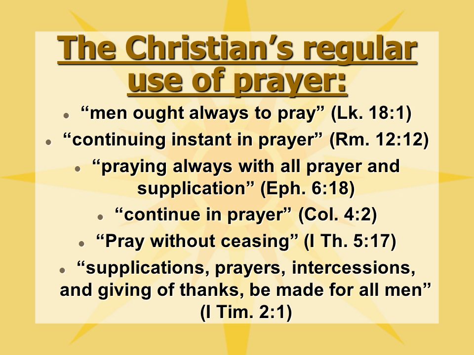 The Christian’s regular use of prayer: men ought always to pray (Lk.