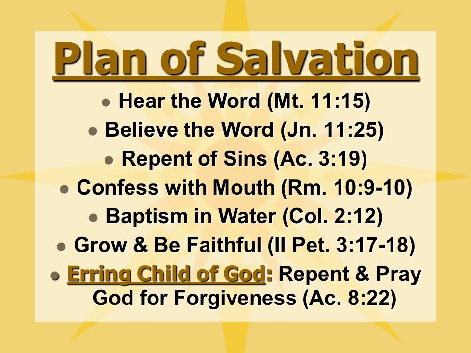 Plan of Salvation Hear the Word (Mt. 11:15) Believe the Word (Jn.