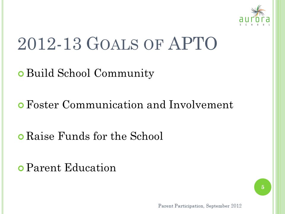 Parent Participation, September G OALS OF APTO Build School Community Foster Communication and Involvement Raise Funds for the School Parent Education 5