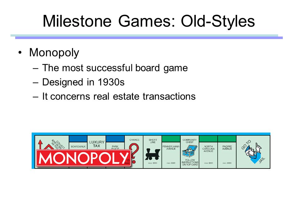 Milestone Games: Old-Styles Monopoly –The most successful board game –Designed in 1930s –It concerns real estate transactions