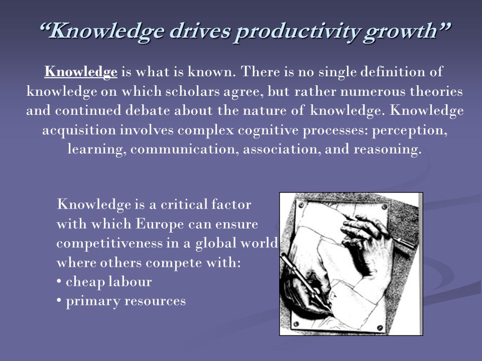 Knowledge drives productivity growth Knowledge is a critical factor with which Europe can ensure competitiveness in a global world where others compete with: cheap labour primary resources Knowledge is what is known.