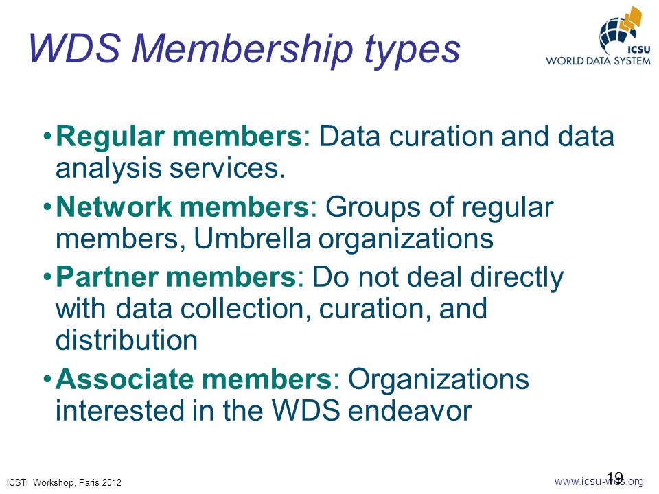 ICSTI Workshop, Paris 2012 WDS Membership types Regular members: Data curation and data analysis services.