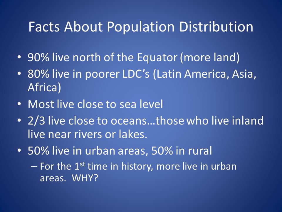 Facts About Population Distribution 90% live north of the Equator (more land) 80% live in poorer LDC’s (Latin America, Asia, Africa) Most live close to sea level 2/3 live close to oceans…those who live inland live near rivers or lakes.