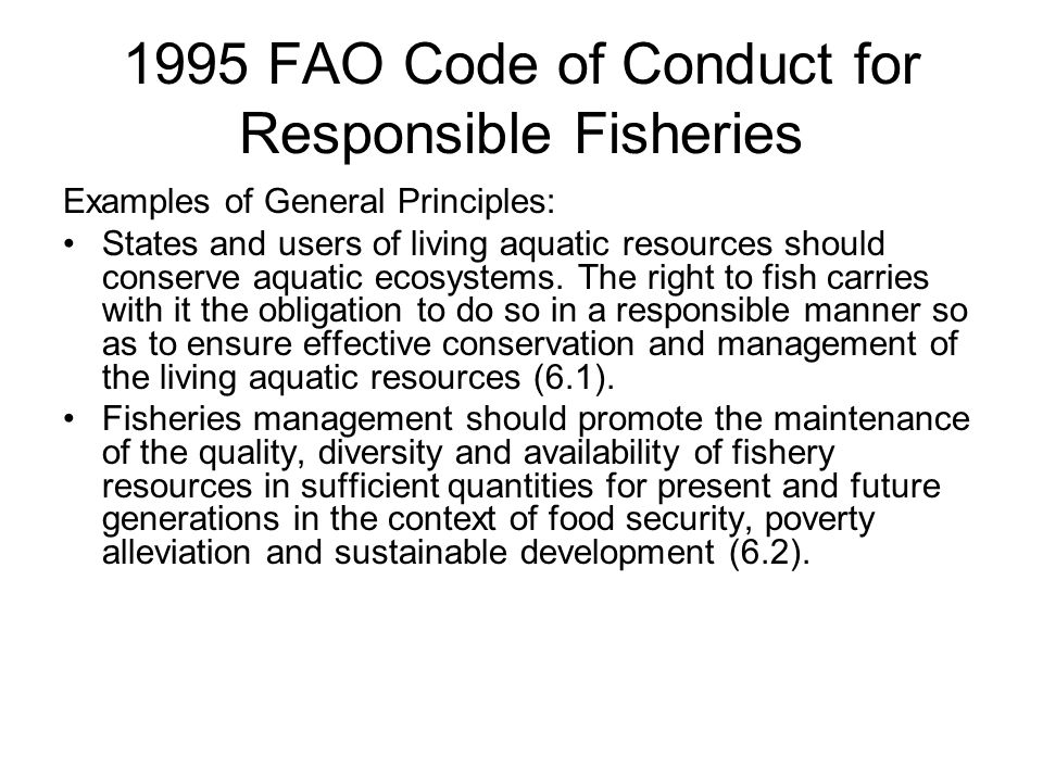 1995 FAO Code of Conduct for Responsible Fisheries Examples of General Principles: States and users of living aquatic resources should conserve aquatic ecosystems.