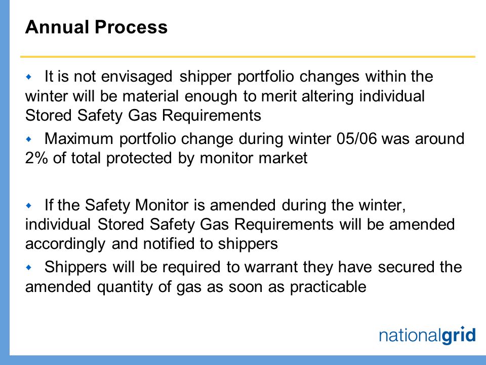 Annual Process  It is not envisaged shipper portfolio changes within the winter will be material enough to merit altering individual Stored Safety Gas Requirements  Maximum portfolio change during winter 05/06 was around 2% of total protected by monitor market  If the Safety Monitor is amended during the winter, individual Stored Safety Gas Requirements will be amended accordingly and notified to shippers  Shippers will be required to warrant they have secured the amended quantity of gas as soon as practicable