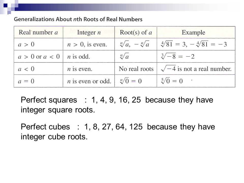Perfect squares : 1, 4, 9, 16, 25 because they have integer square roots.