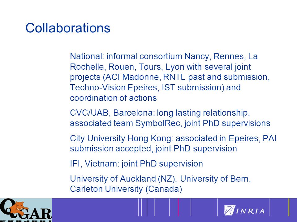 20 Collaborations National: informal consortium Nancy, Rennes, La Rochelle, Rouen, Tours, Lyon with several joint projects (ACI Madonne, RNTL past and submission, Techno-Vision Epeires, IST submission) and coordination of actions CVC/UAB, Barcelona: long lasting relationship, associated team SymbolRec, joint PhD supervisions City University Hong Kong: associated in Epeires, PAI submission accepted, joint PhD supervision IFI, Vietnam: joint PhD supervision University of Auckland (NZ), University of Bern, Carleton University (Canada)
