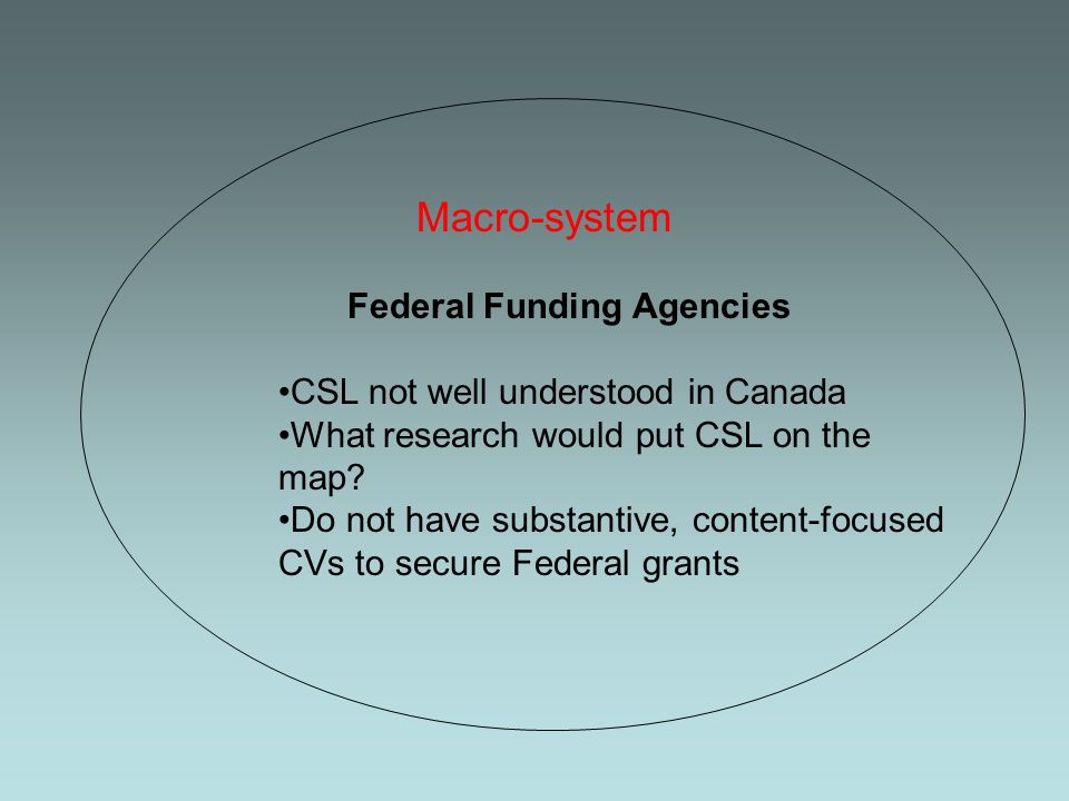 Macro-system Federal Funding Agencies CSL not well understood in Canada What research would put CSL on the map.