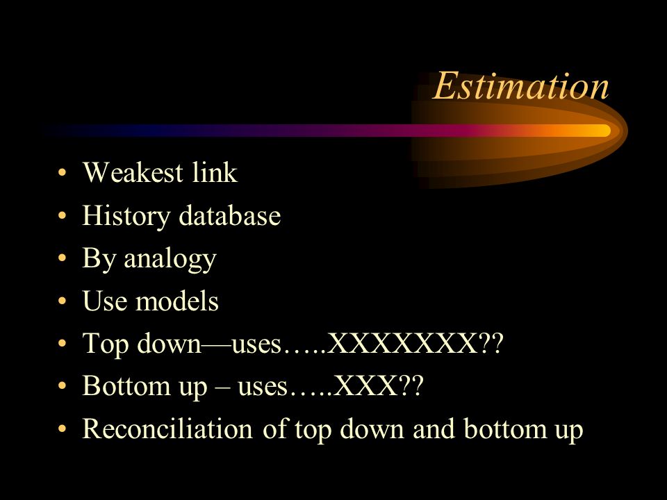 Estimation Weakest link History database By analogy Use models Top down—uses…..XXXXXXX .