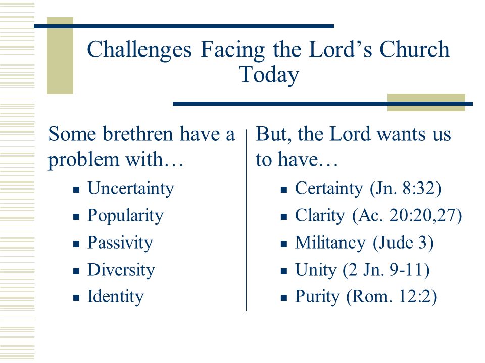 Challenges Facing the Lord’s Church Today Some brethren have a problem with… Uncertainty Popularity Passivity Diversity Identity But, the Lord wants us to have… Certainty (Jn.