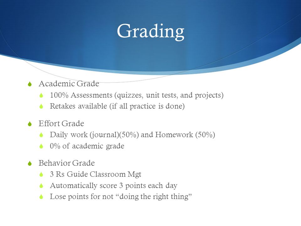 Grading  Academic Grade  100% Assessments (quizzes, unit tests, and projects)  Retakes available (if all practice is done)  Effort Grade  Daily work (journal)(50%) and Homework (50%)  0% of academic grade  Behavior Grade  3 Rs Guide Classroom Mgt  Automatically score 3 points each day  Lose points for not doing the right thing