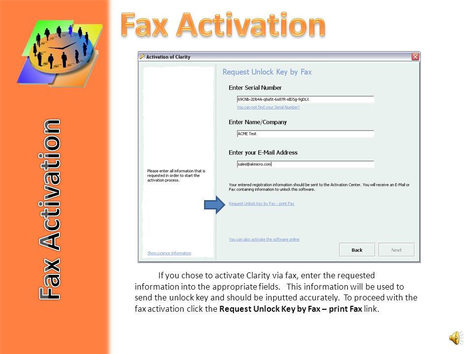 To activate by fax click on the appropriate link on the activation window.