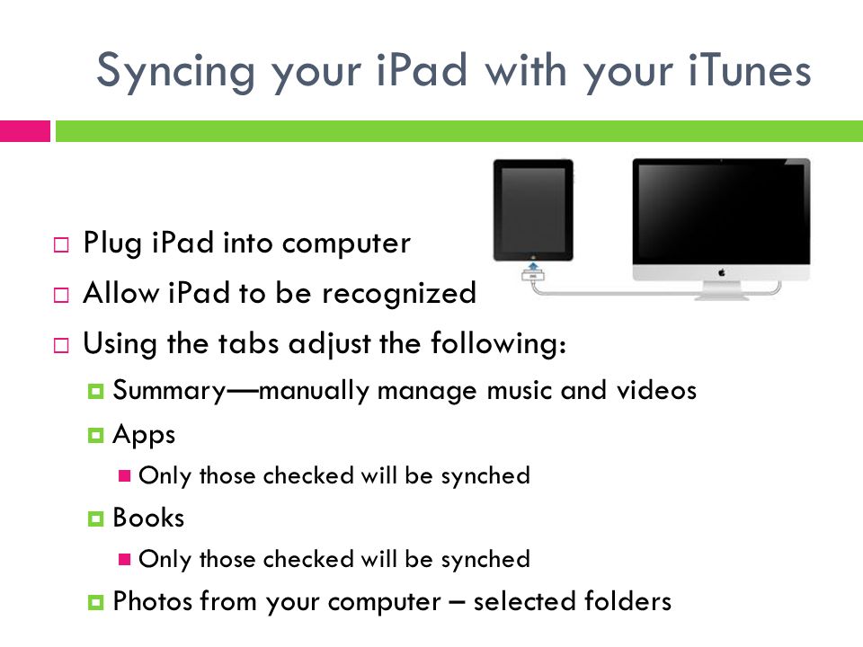 Syncing your iPad with your iTunes  Plug iPad into computer  Allow iPad to be recognized  Using the tabs adjust the following:  Summary—manually manage music and videos  Apps Only those checked will be synched  Books Only those checked will be synched  Photos from your computer – selected folders