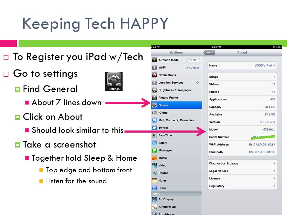 Keeping Tech HAPPY  To Register you iPad w/Tech  Go to settings  Find General About 7 lines down  Click on About Should look similar to this  Take a screenshot Together hold Sleep & Home Top edge and bottom front Listen for the sound