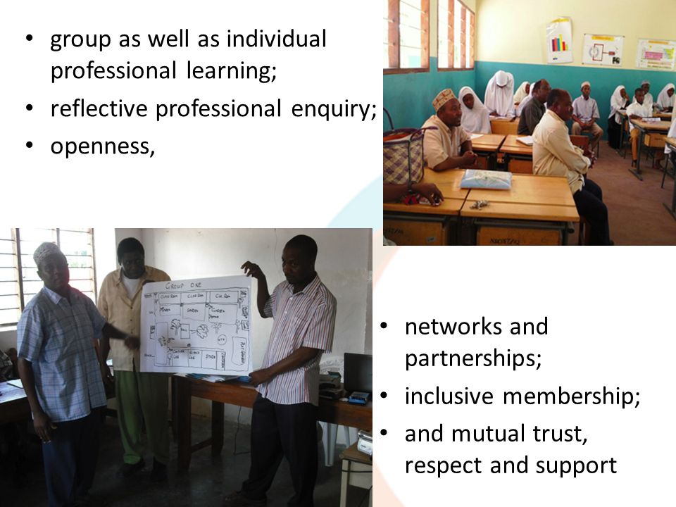 group as well as individual professional learning; reflective professional enquiry; openness, networks and partnerships; inclusive membership; and mutual trust, respect and support