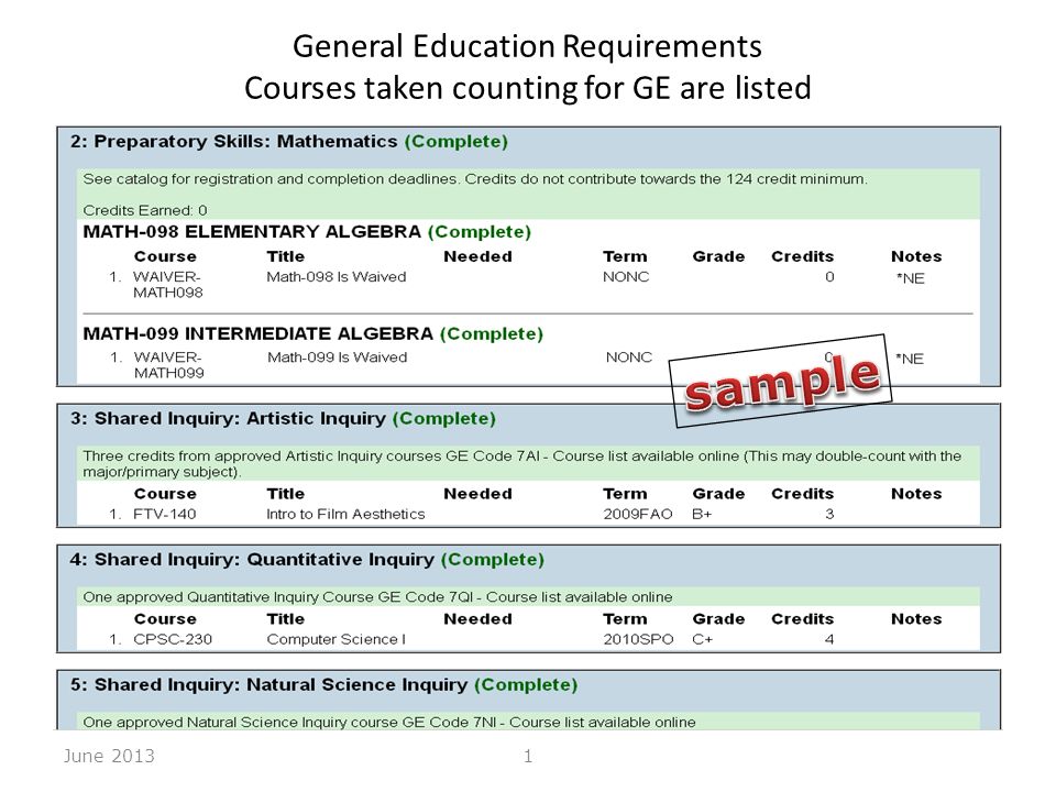 General Education Requirements Courses taken counting for GE are listed June 20131