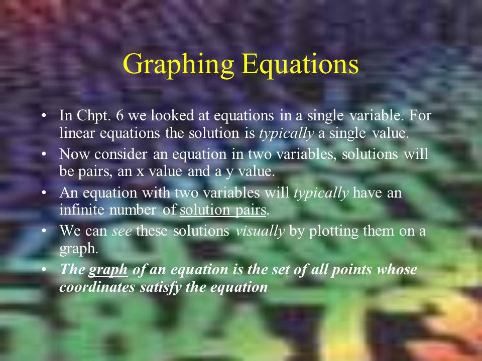 Graphing Equations In Chpt. 6 we looked at equations in a single variable.