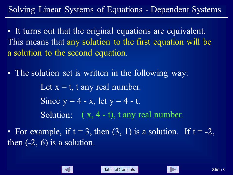 Table of Contents Slide 3 Solving Linear Systems of Equations - Dependent Systems It turns out that the original equations are equivalent.