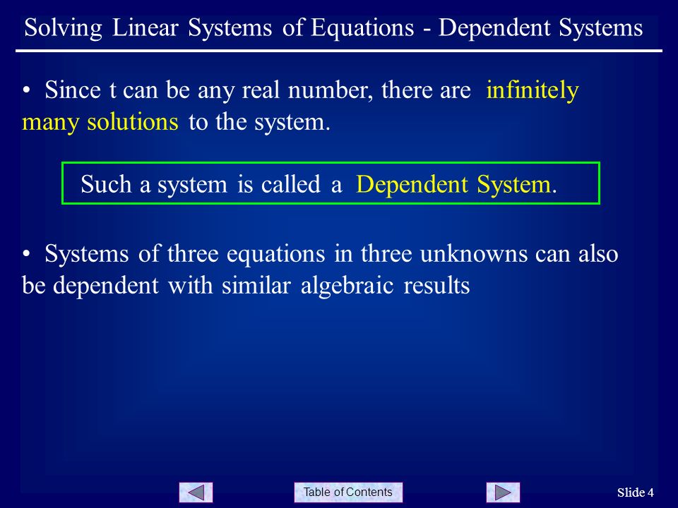 Table of Contents Slide 4 Solving Linear Systems of Equations - Dependent Systems Since t can be any real number, there are infinitely many solutions to the system.