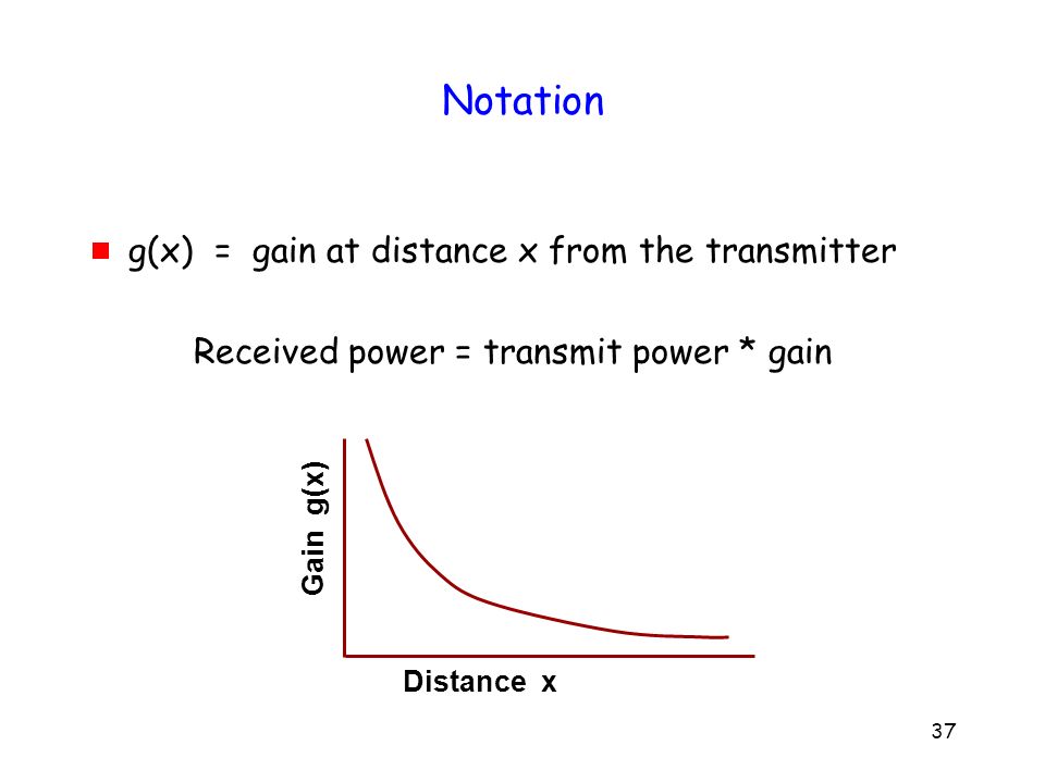 37 Notation  g(x) = gain at distance x from the transmitter Received power = transmit power * gain Distance x Gain g(x)