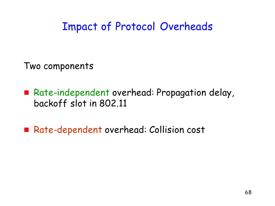 68 Impact of Protocol Overheads Two components  Rate-independent overhead: Propagation delay, backoff slot in  Rate-dependent overhead: Collision cost