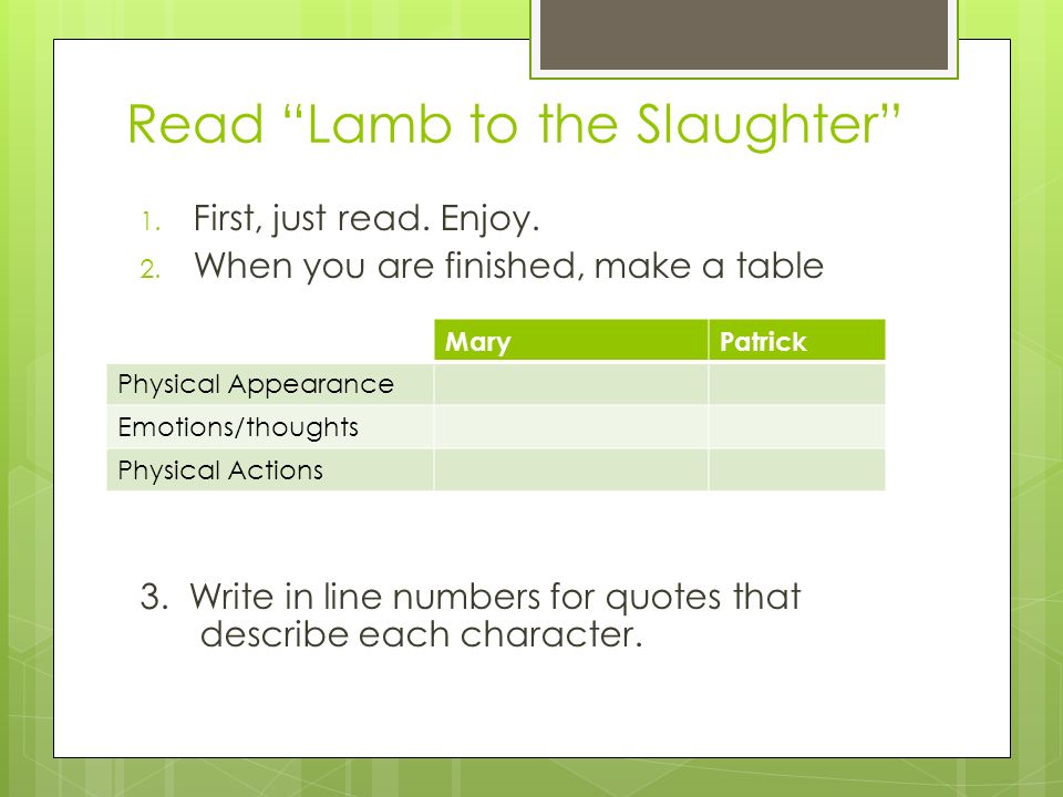 Read Lamb to the Slaughter 1. First, just read.