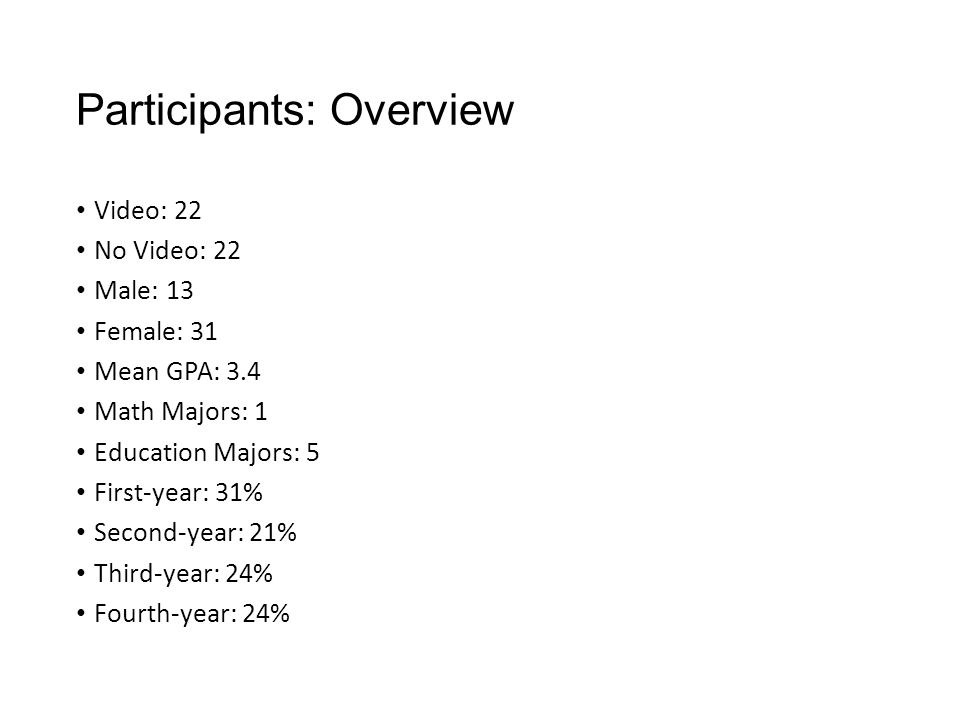 Participants: Overview Video: 22 No Video: 22 Male: 13 Female: 31 Mean GPA: 3.4 Math Majors: 1 Education Majors: 5 First-year: 31% Second-year: 21% Third-year: 24% Fourth-year: 24%
