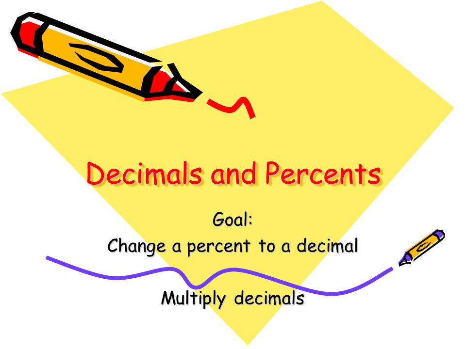 Decimals and Percents Goal: Change a percent to a decimal Multiply decimals