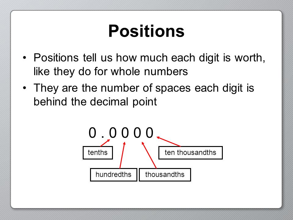 Positions Positions tell us how much each digit is worth, like they do for whole numbers They are the number of spaces each digit is behind the decimal point 0.