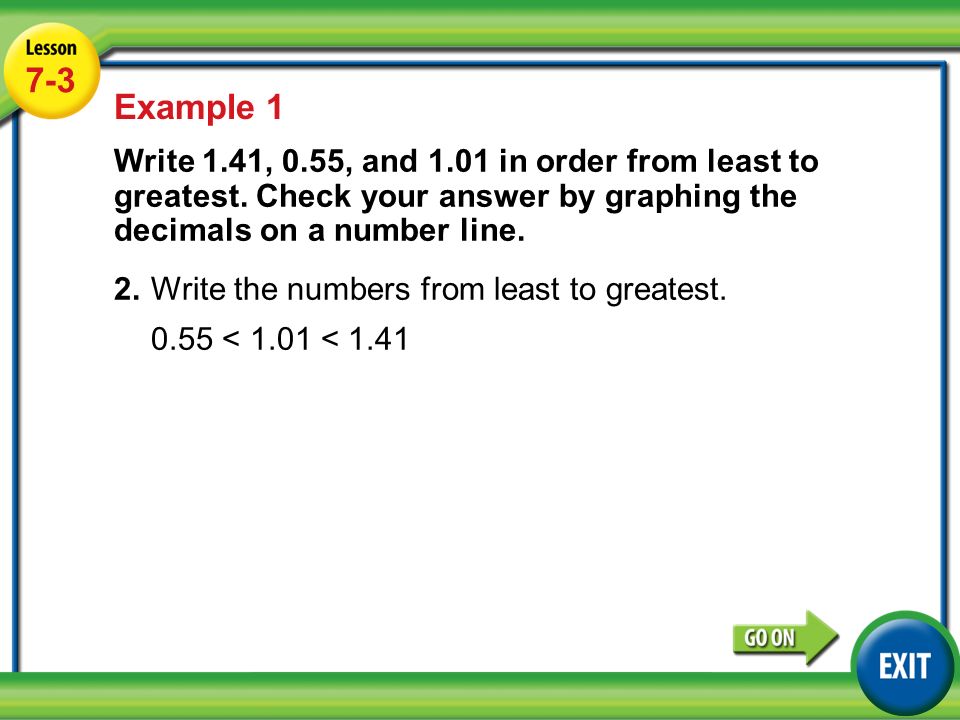 Lesson 4-3 Example Example 1 Write 1.41, 0.55, and 1.01 in order from least to greatest.