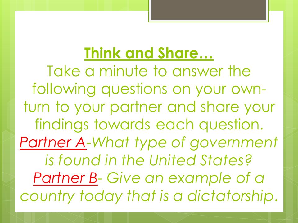Think and Share… Take a minute to answer the following questions on your own- turn to your partner and share your findings towards each question.