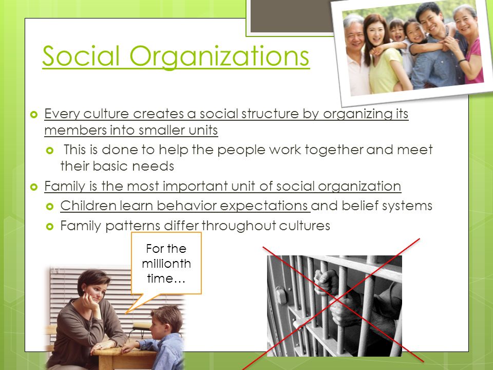 Social Organizations  Every culture creates a social structure by organizing its members into smaller units  This is done to help the people work together and meet their basic needs  Family is the most important unit of social organization  Children learn behavior expectations and belief systems  Family patterns differ throughout cultures For the millionth time…