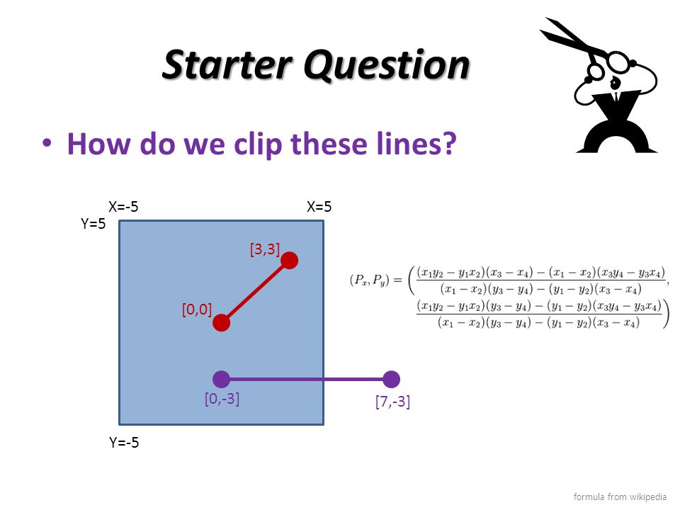 Clipping Csci 440 Textbook Section Starter Question How Do We Clip These Lines X 5 Y 5 Y 5 X 5 0 0 3 3 7 3 0 3 Formula From Wikipedia Ppt Download