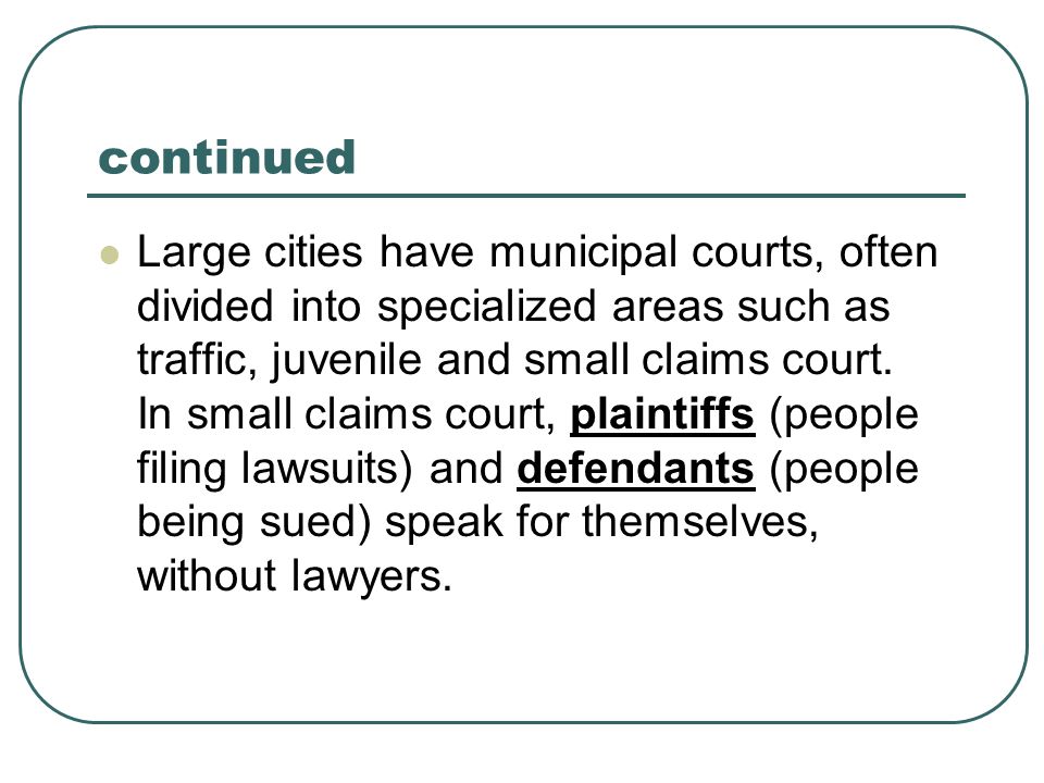 continued Large cities have municipal courts, often divided into specialized areas such as traffic, juvenile and small claims court.