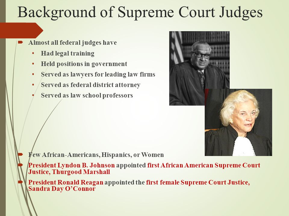 Background of Supreme Court Judges  Almost all federal judges have Had legal training Held positions in government Served as lawyers for leading law firms Served as federal district attorney Served as law school professors  Few African-Americans, Hispanics, or Women  President Lyndon B.