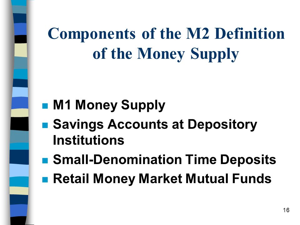 16 Components of the M2 Definition of the Money Supply n M1 Money Supply n Savings Accounts at Depository Institutions n Small-Denomination Time Deposits n Retail Money Market Mutual Funds