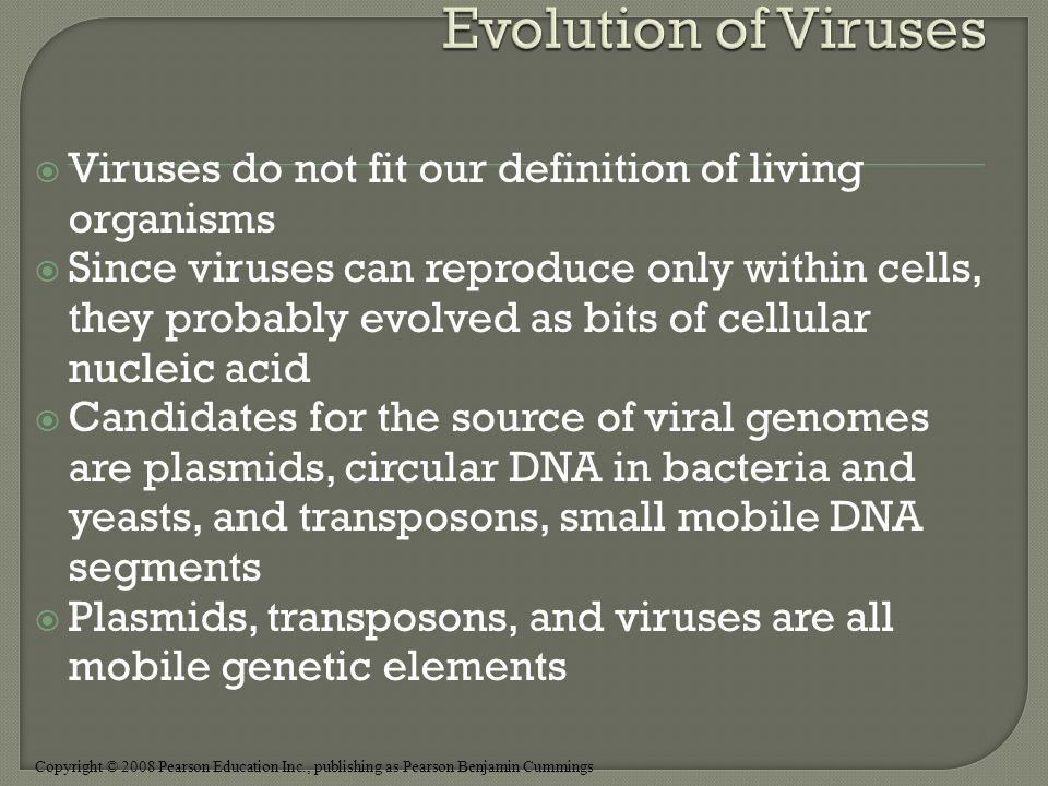 Copyright © 2008 Pearson Education Inc., publishing as Pearson Benjamin Cummings  Viruses do not fit our definition of living organisms  Since viruses can reproduce only within cells, they probably evolved as bits of cellular nucleic acid  Candidates for the source of viral genomes are plasmids, circular DNA in bacteria and yeasts, and transposons, small mobile DNA segments  Plasmids, transposons, and viruses are all mobile genetic elements