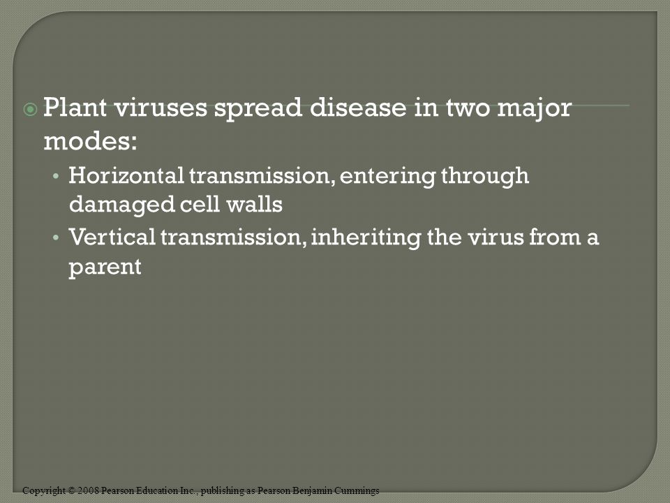 Copyright © 2008 Pearson Education Inc., publishing as Pearson Benjamin Cummings  Plant viruses spread disease in two major modes: Horizontal transmission, entering through damaged cell walls Vertical transmission, inheriting the virus from a parent