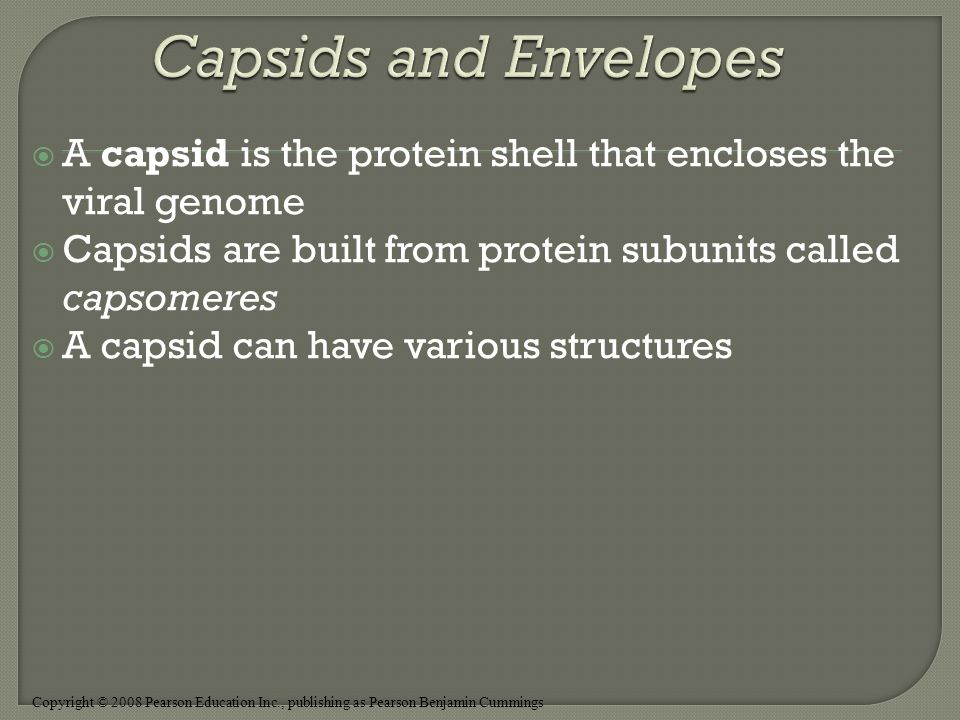 Copyright © 2008 Pearson Education Inc., publishing as Pearson Benjamin Cummings  A capsid is the protein shell that encloses the viral genome  Capsids are built from protein subunits called capsomeres  A capsid can have various structures