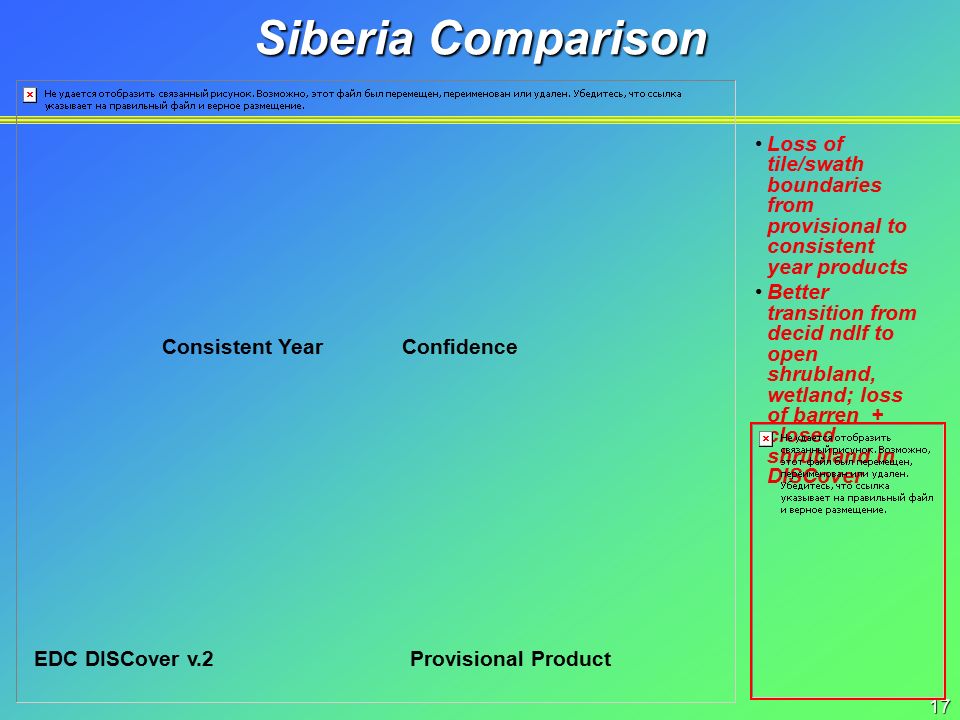 17 Siberia Comparison Loss of tile/swath boundaries from provisional to consistent year products Better transition from decid ndlf to open shrubland, wetland; loss of barren + closed shrubland in DISCover Consistent Year EDC DISCover v.2 Confidence Provisional Product