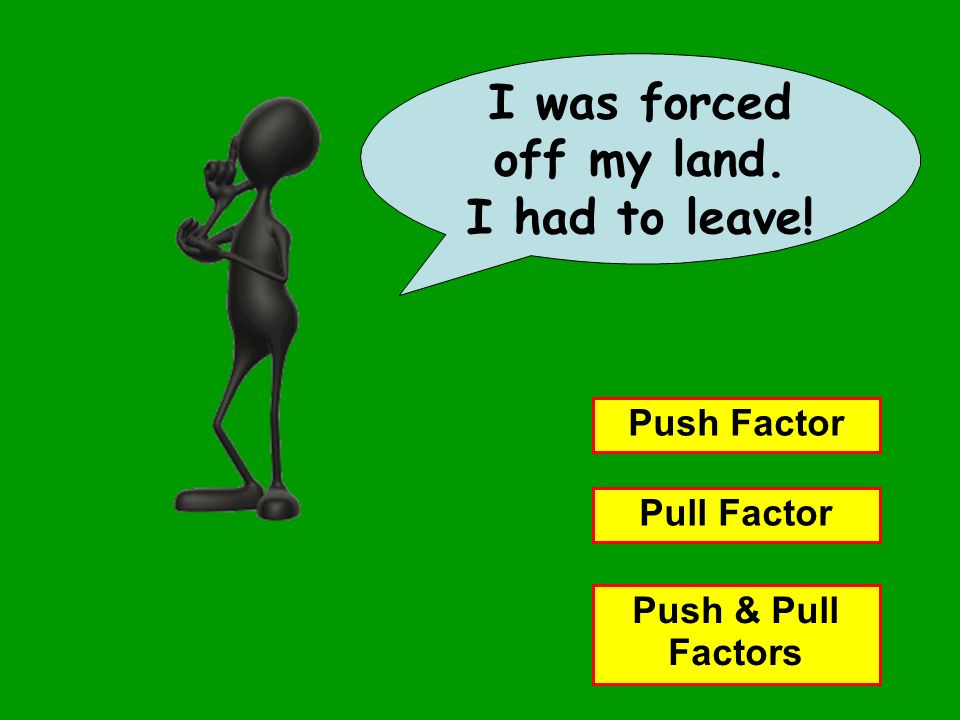 I was forced off my land. I had to leave! Push FactorPull FactorPush & Pull Factors