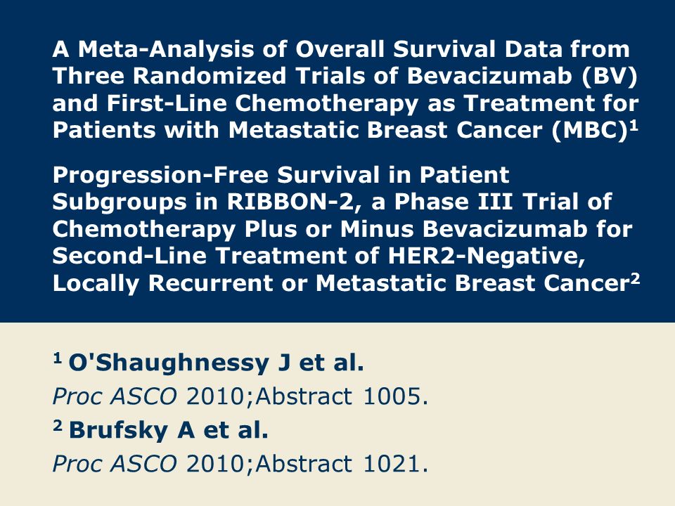 A Meta-Analysis of Overall Survival Data from Three Randomized Trials of Bevacizumab (BV) and First-Line Chemotherapy as Treatment for Patients with Metastatic Breast Cancer (MBC) 1 Progression-Free Survival in Patient Subgroups in RIBBON-2, a Phase III Trial of Chemotherapy Plus or Minus Bevacizumab for Second-Line Treatment of HER2-Negative, Locally Recurrent or Metastatic Breast Cancer 2 1 O Shaughnessy J et al.