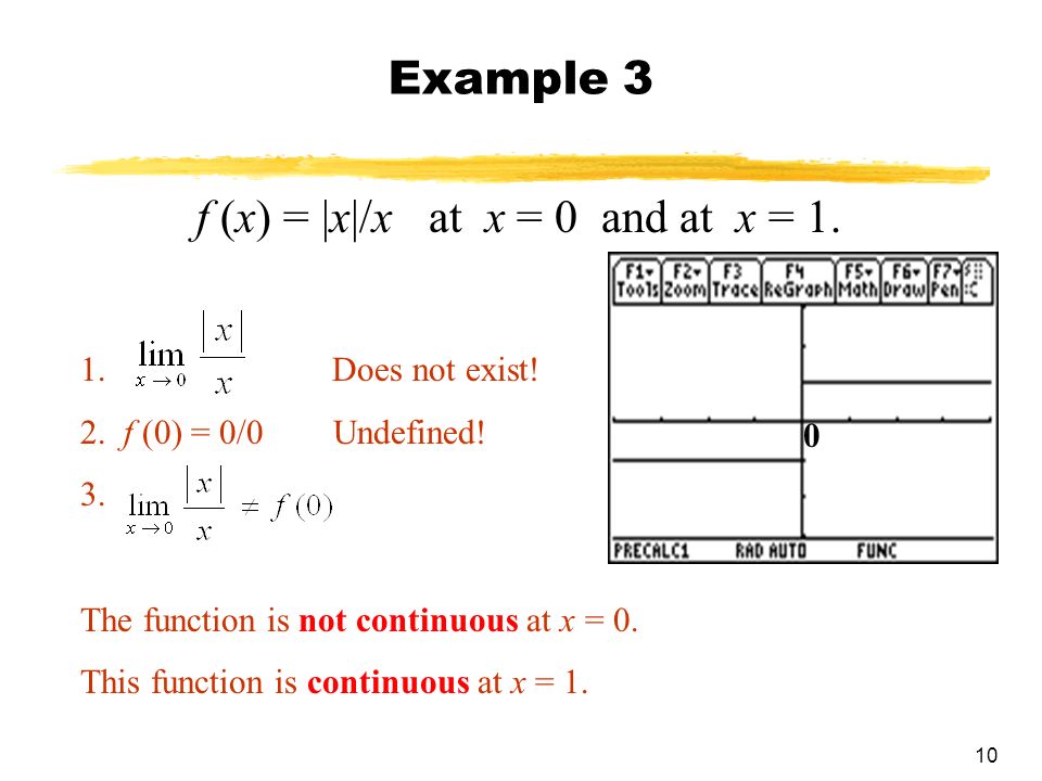 10 Example 3 f (x) = |x|/x at x = 0 and at x =