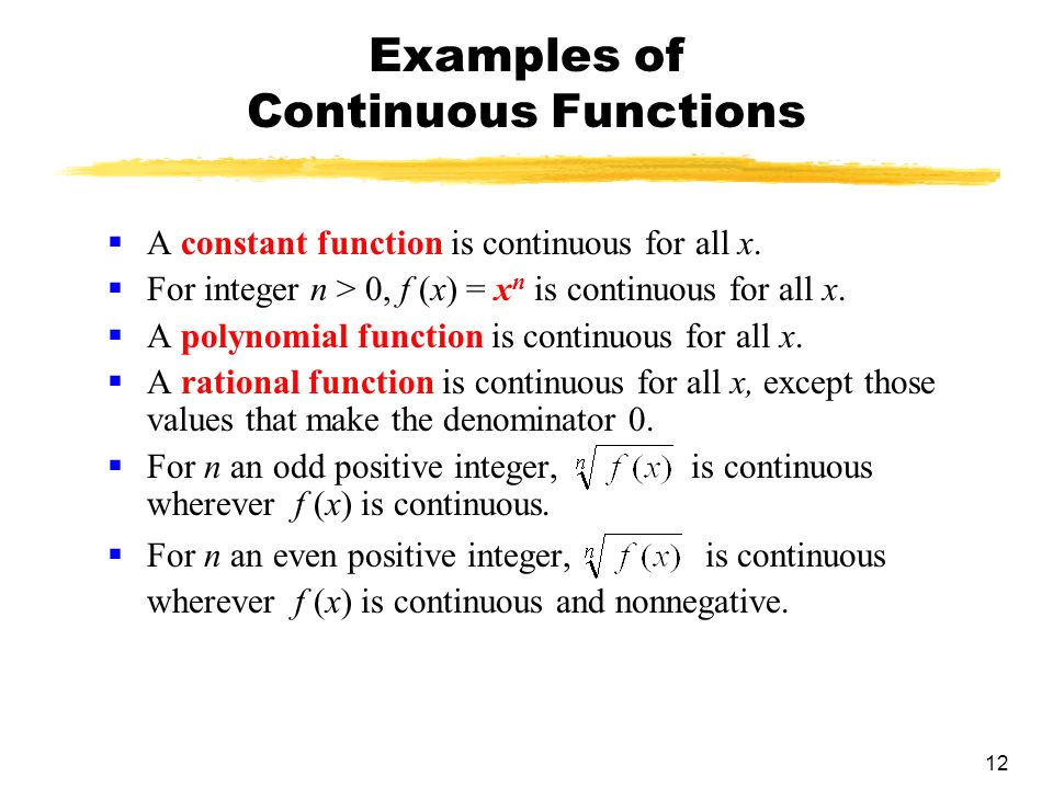 12 Examples of Continuous Functions  A constant function is continuous for all x.