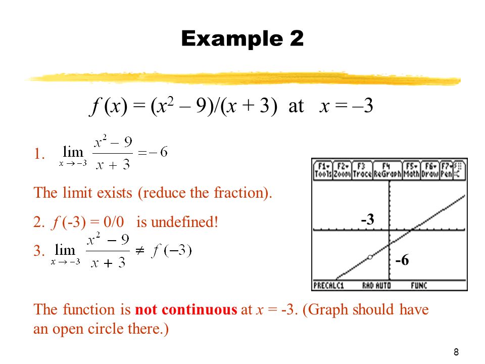 8 Example 2 f (x) = (x 2 – 9)/(x + 3) at x = –3 1.