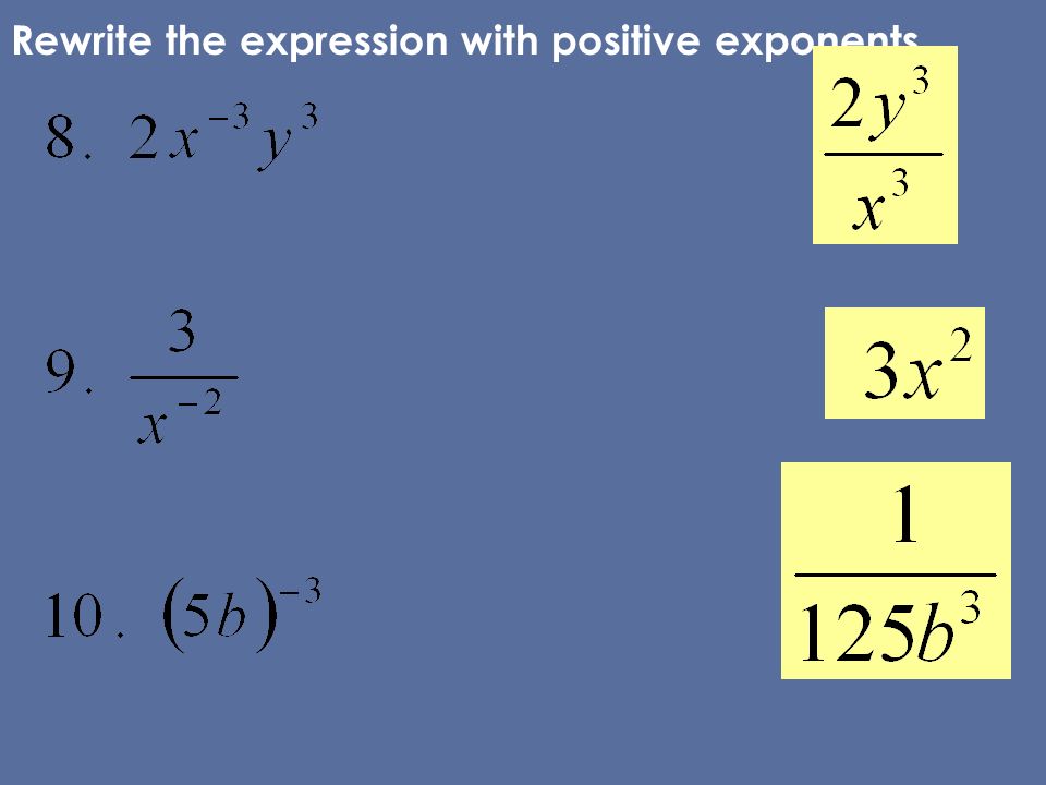 Rewrite the expression with positive exponents.