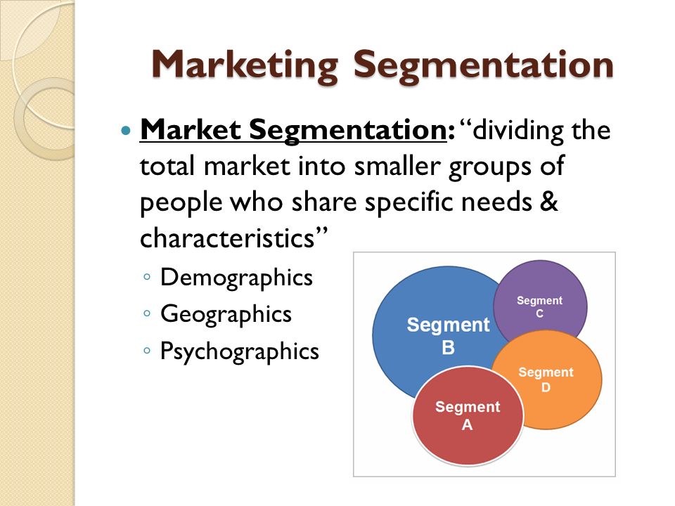 Marketing Segmentation Market Segmentation: dividing the total market into smaller groups of people who share specific needs & characteristics ◦ Demographics ◦ Geographics ◦ Psychographics